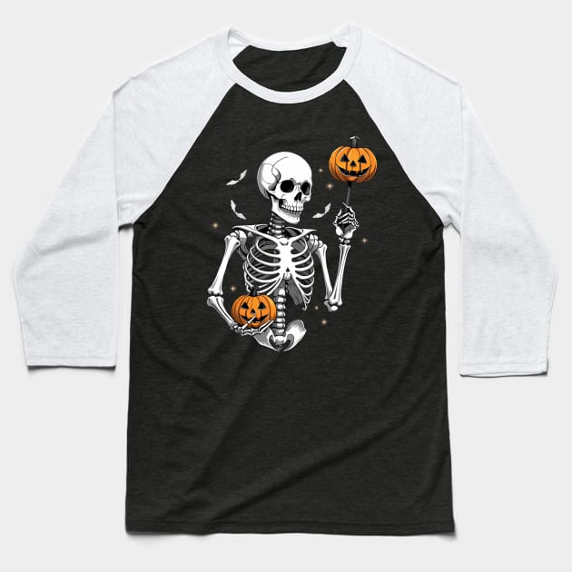 Skeleton Holding Pumpkin T-Shirt - Spooky Halloween Costume Baseball T-Shirt by Thewondercabinet28